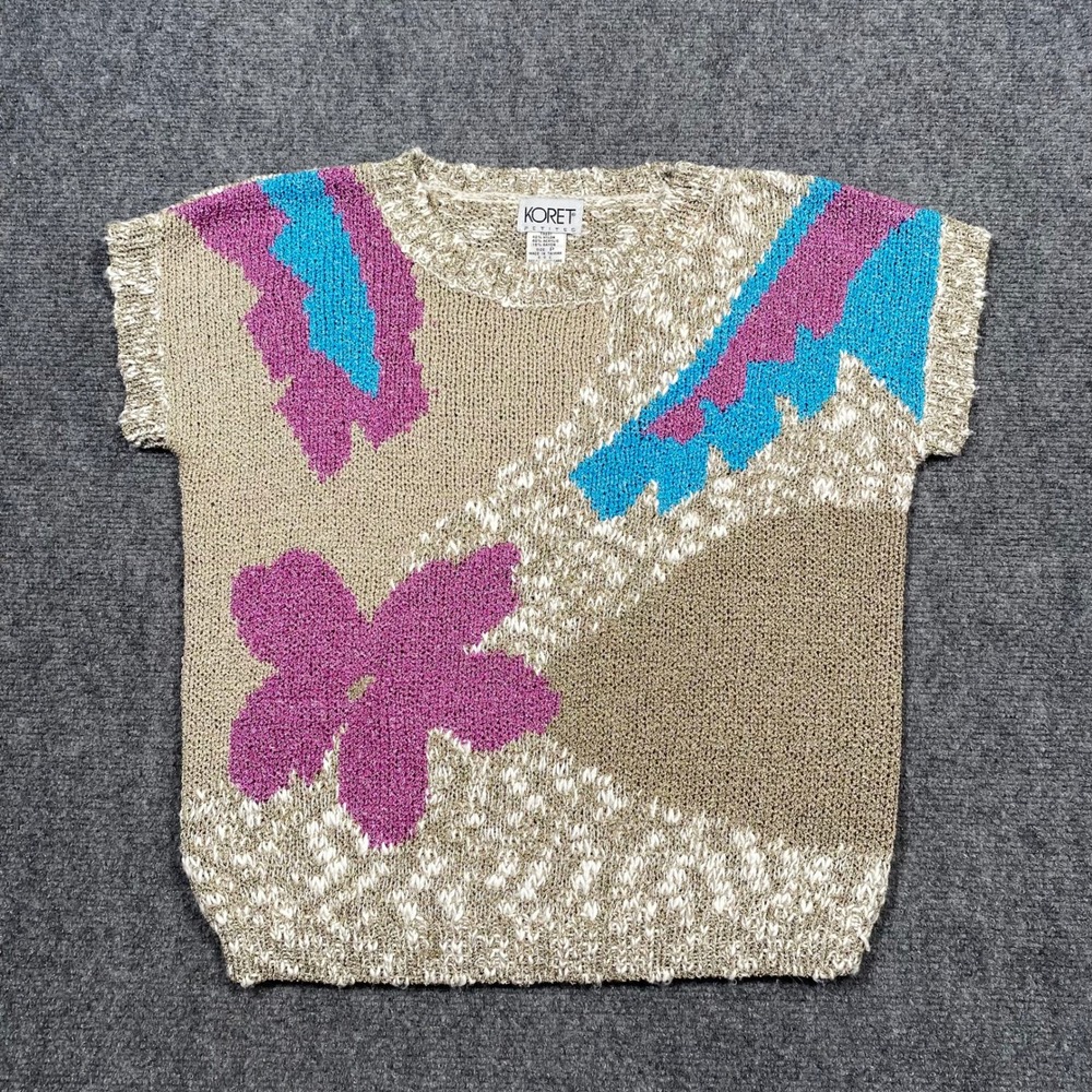 Koret Petites Womens Knit Top Short Sleeve Abstract Beige Purple Blue Size P